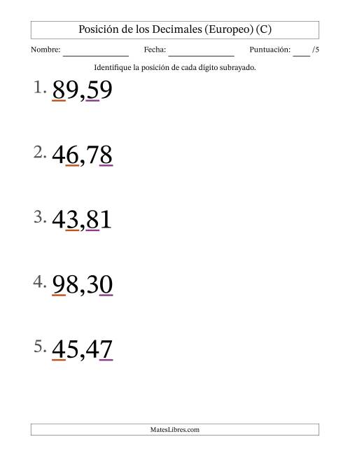 La hoja de ejercicios de Identificar Posición de Números con Decimales desde Las Centésimas hasta Las Decenas (Formato Grande), Formato Europeo (C)