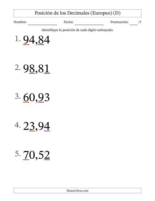 La hoja de ejercicios de Identificar Posición de Números con Decimales desde Las Centésimas hasta Las Decenas (Formato Grande), Formato Europeo (D)