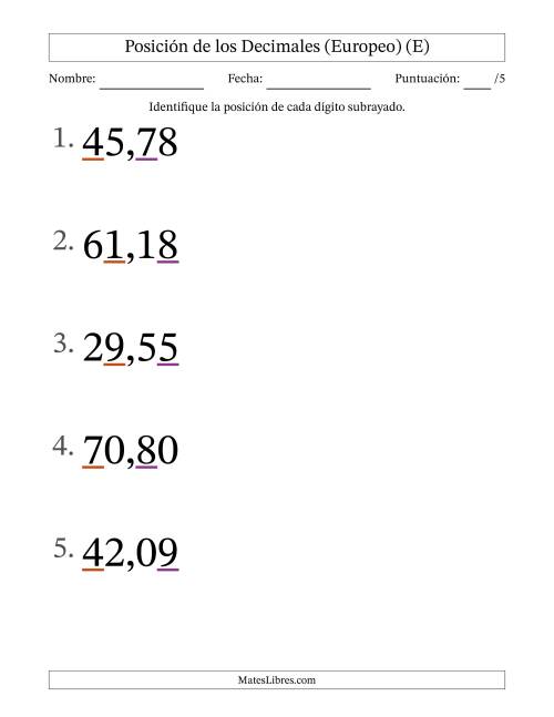 La hoja de ejercicios de Identificar Posición de Números con Decimales desde Las Centésimas hasta Las Decenas (Formato Grande), Formato Europeo (E)