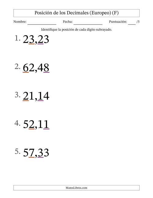 La hoja de ejercicios de Identificar Posición de Números con Decimales desde Las Centésimas hasta Las Decenas (Formato Grande), Formato Europeo (F)