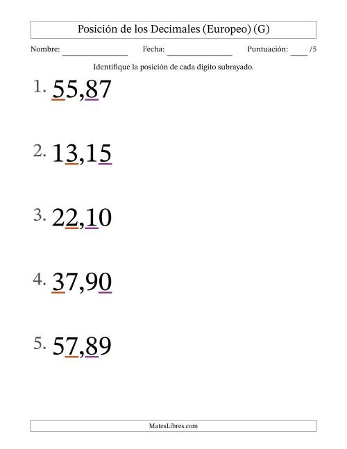 La hoja de ejercicios de Identificar Posición de Números con Decimales desde Las Centésimas hasta Las Decenas (Formato Grande), Formato Europeo (G)