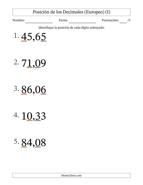 La hoja de ejercicios de Identificar Posición de Números con Decimales desde Las Centésimas hasta Las Decenas (Formato Grande), Formato Europeo (I)