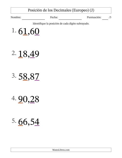 La hoja de ejercicios de Identificar Posición de Números con Decimales desde Las Centésimas hasta Las Decenas (Formato Grande), Formato Europeo (J)