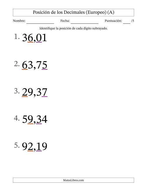 La hoja de ejercicios de Identificar Posición de Números con Decimales desde Las Centésimas hasta Las Decenas (Formato Grande), Formato Europeo (Todas)